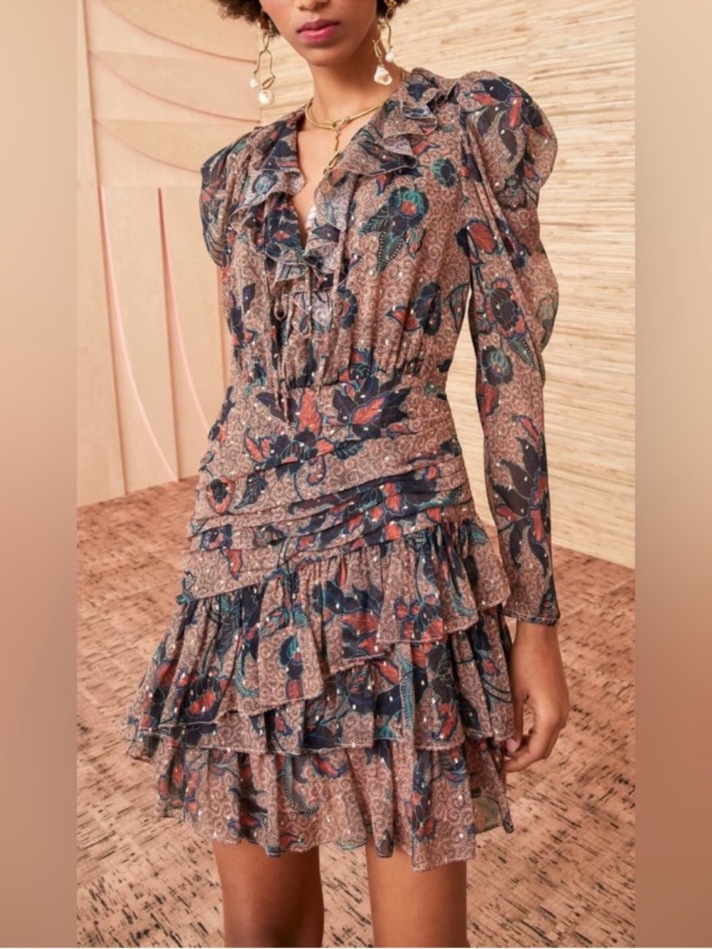 Ulla Johnson Cecily Ruffled Printed Fil Coupé Silk Blend Chiffon Mini Dress Sz:6